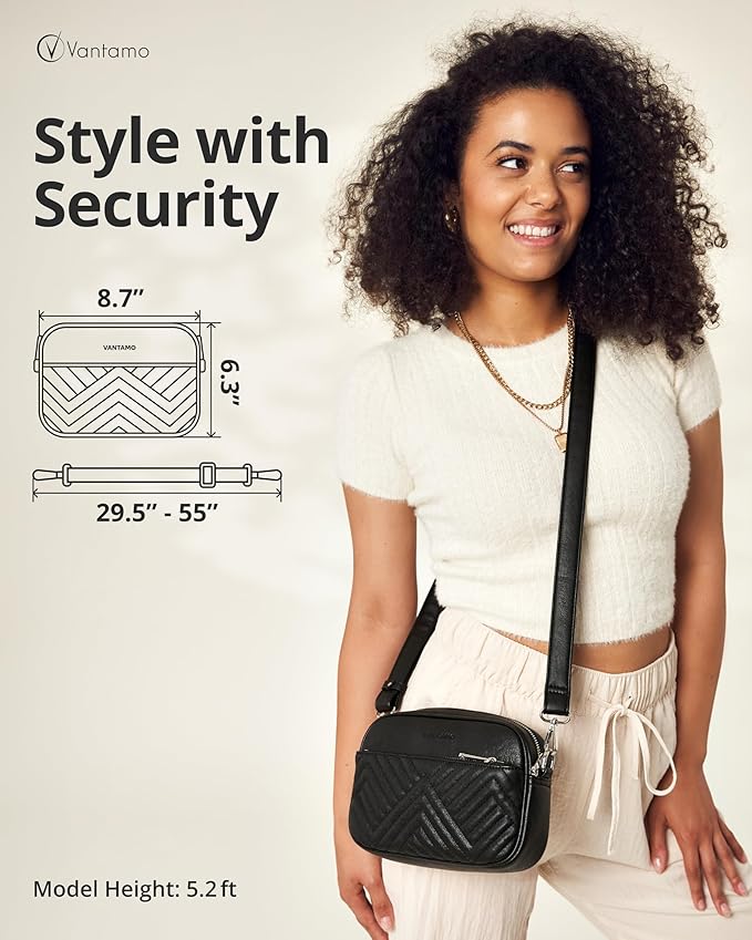 Vantamo Premium Quilted Crossbody Bags for Women with Anti-Pickpocket Clip, Vegan Leather Handbags, Travel Purses for Women