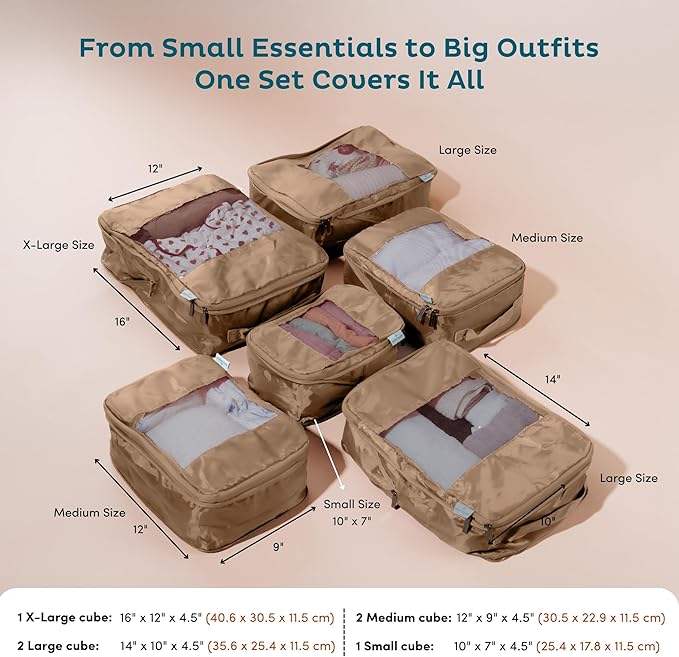 6-Pack Large Compression Packing Cubes for Travel - Lightweight Compression Packing Cube Set, Water-Resistant Luggage Organizer Bags & Suitcase Organizers, Travel Cubes for Carry-On, Checked Luggage