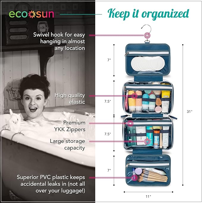 Eco Sun Hanging Travel Toiletry Bag — Designed in Hawaii — Water-Resistant Travel Organizer for Bathroom Accessories (Blue)