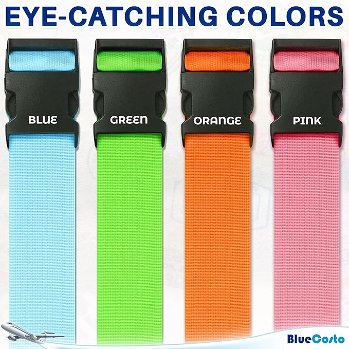 Luggage Straps for Suitcases - TSA Approved - Mixed Colors, 4 PK - Premium Nylon Belts for Suitcase, Briefcase & Travel Bag - Adjustable Strap Length 46" - 78"