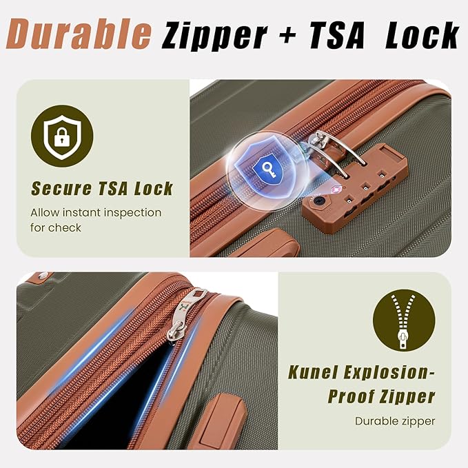 KUNEL Expandable 5 Piece Luggage Sets with Detachable Spinner Wheels and TSA Lock, Unisex Hardside ABS Suitcase Set, Hardshell Lightweight Waterproof Travel Hard Case Suitcases with Wheels, OliveDrab