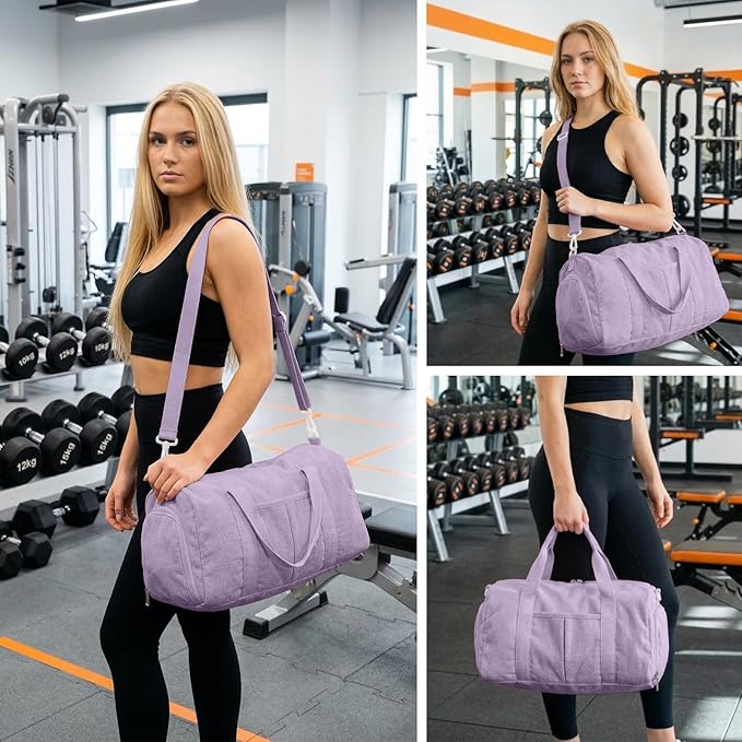 2PCS Cute Gym Bag for Girls, Corduroy Duffle Bag with Wet Pocket & Shoe Compartment and item bag, Duffle Bag for Travel, Sports, Fitness & Workout
