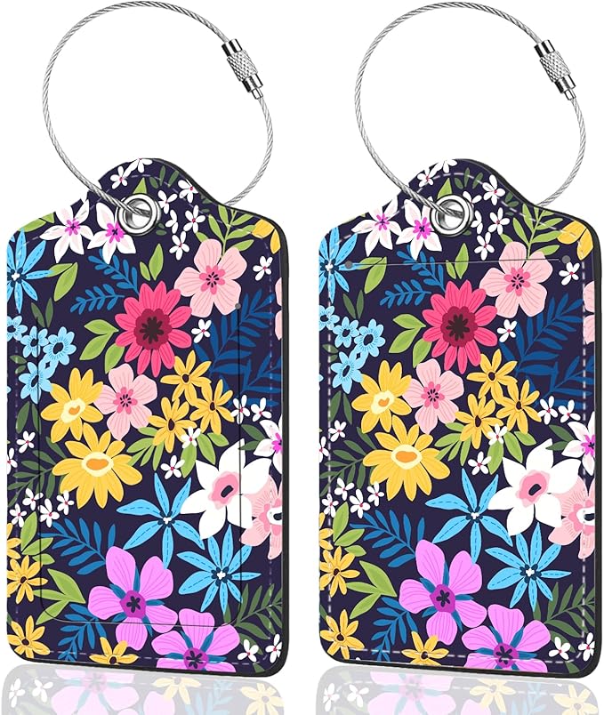 2Pack Luggage Tags for Suitcases, Cute Unique Pu Leather Cruise Luggage Tag with Privacy Cover ID Label Address Card and Metal Ring Suitable for Women Men Kids Travel Bag Colorful Flowers 1