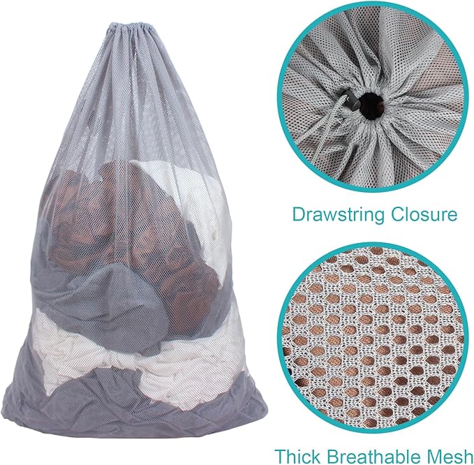 2 Pack Mesh Laundry Bags, 24 x 36 Inches Heavy Duty Drawstring Bag, Factories, College, Dorm, Travel and Apartment Dwellers, Grey