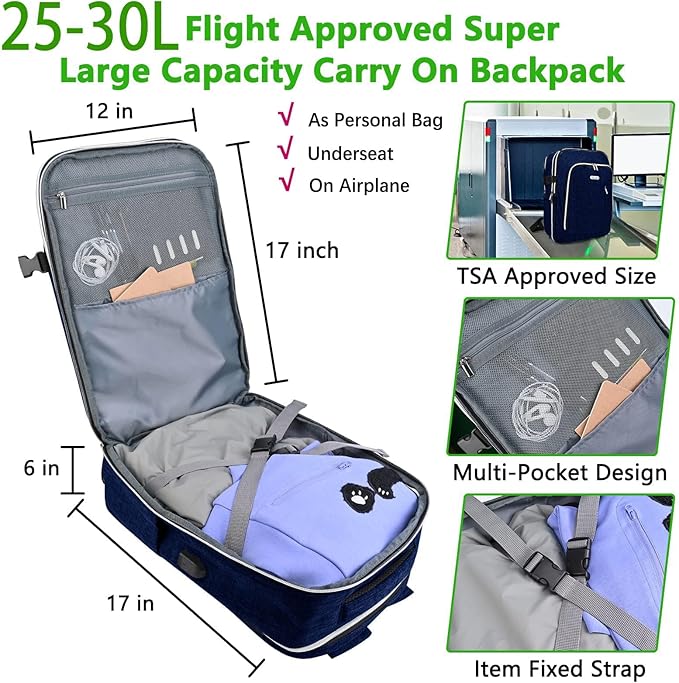 Personal Item Travel Carry On Luggage Backpack for Women Men Flight Approved Casual Weekender Laptop Bag for College Business Outdoors Hiking Water Resistant Lightweight Daypack with USB Charging Port