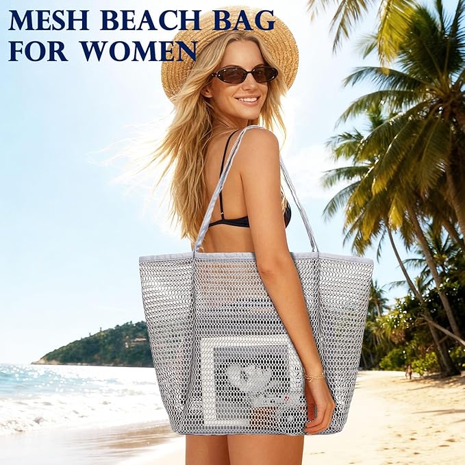 Fammart Mesh Beach Bag, Large Beach Tote with Zipper Pocket, Toys Pool Bag for Family Travel Vacation Cruise Essentials
