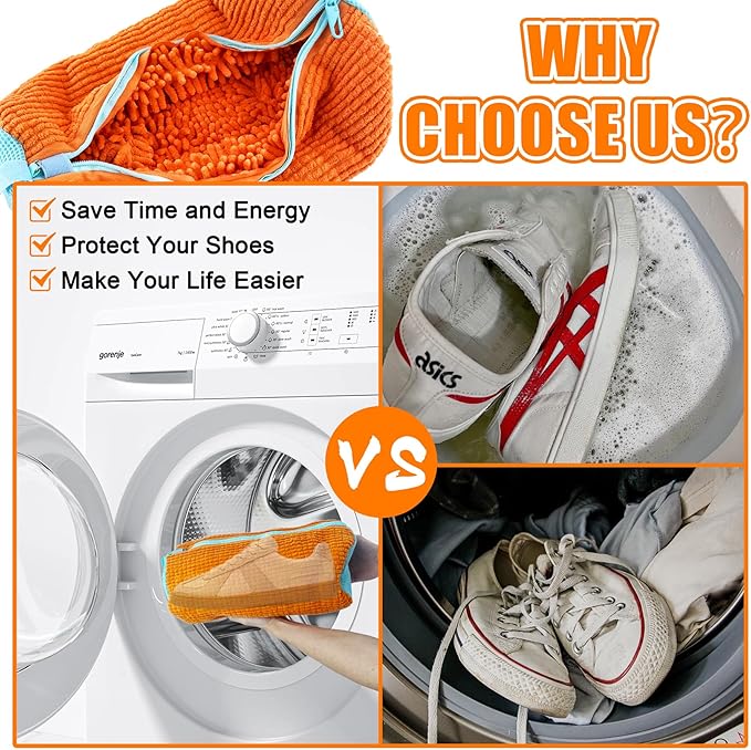 Shoe Washing Machine Bag, 2 Pack – Reusable, Fits All Shoe Types, 360° Deep Cleaning with Self-Locking Zipper, Wash Two Pairs at Once, Protects Shoes and Washing Machines(Orange)
