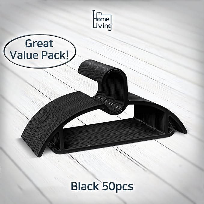 15" Compact Slim & Slimlink Interlocking Clothes Hangers, Space-Saving Lightweight Plastic Hangers for Small Closets, Dorms, Apartments, Travel, RVs & Petite Clothing (Black, 50)
