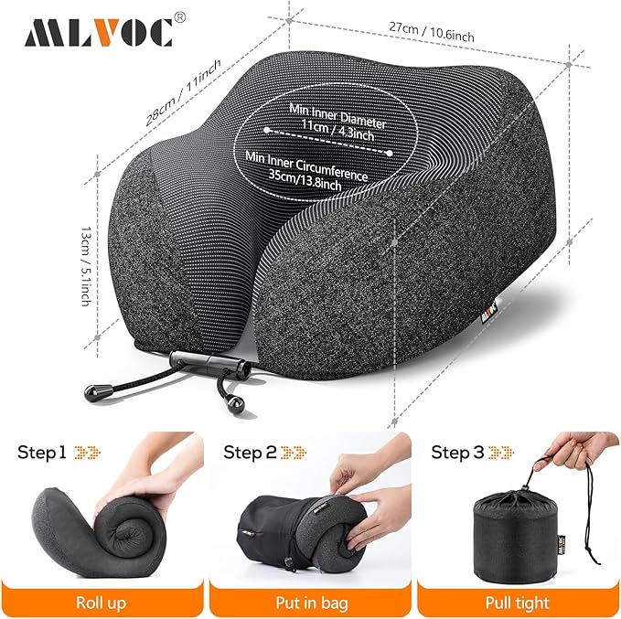 MLVOC Neck Pillow for Traveling, Upgraded 100% Pure Memory Foam Travel Neck Pillow for Airplane Flight Sleep, Breathable & Machine Washable Cover, Travel Kit with 3D Eye Mask, Earplugs & Bag, Black