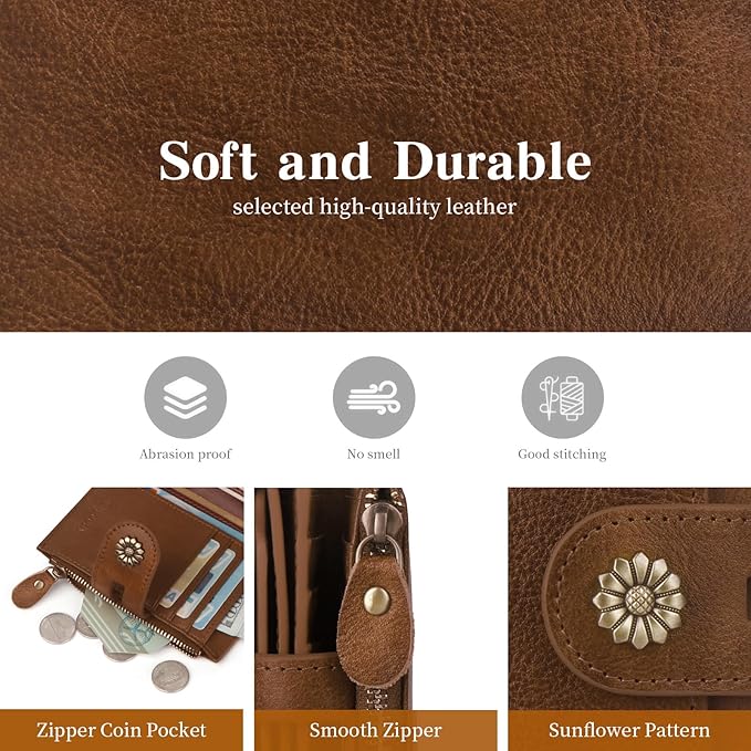 Wallet Women,RFID Blocking Leather Womens Wallet Bifold Compact Card Holder Small Wallet for Women with Removable ID Window Darkbrown
