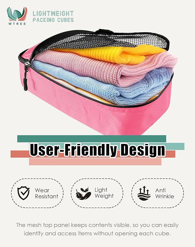 4-Piece Packing Cubes Travel Accessories Set for Suitcases - Luggage Organizer Bags with Double Zipper - Mesh Top - Small/Medium/Large/Slim - Pink