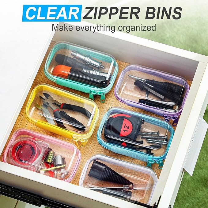 Sanwuta 6 Pcs Clear Hard Zipper Case Plastic Zipper Pouches Transparent Makeup Bag Pencil Case Pouches Toiletry Diaper Bag for Travel Toy Storage Organizer Bins(Colorful,5 x 3 x 2 Inch)