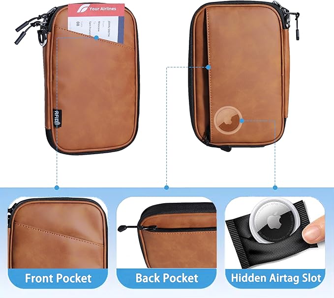 family passport holder for 4 passport wallet for travel passport cover rfid blocking for women waterproof wallet with zipper airtag passport case for men multiple passport bag (BROWN)
