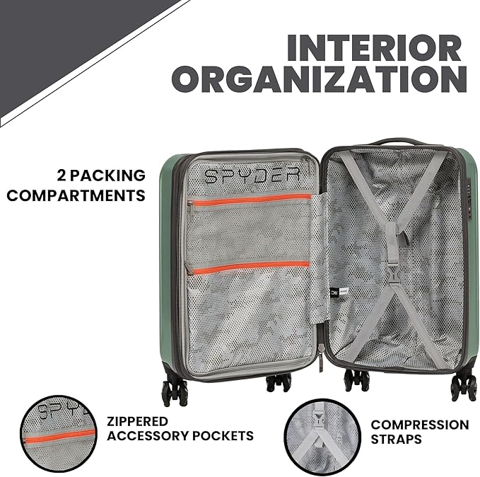 Spyder Rails Expandable Hardside Upright Suitcase with 360° Spinner Wheels, TSA Approved Lock (Sage, Carry-On)