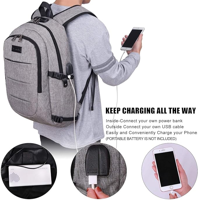 Tzowla Travel Laptop Backpack Water Resistant Anti-Theft Bag with Giant Tumbler Holder Pocket and Lock 17.3 Inch Computer Business Backpacks for Women Men Work College Gift,Casual Daypack(Grey)