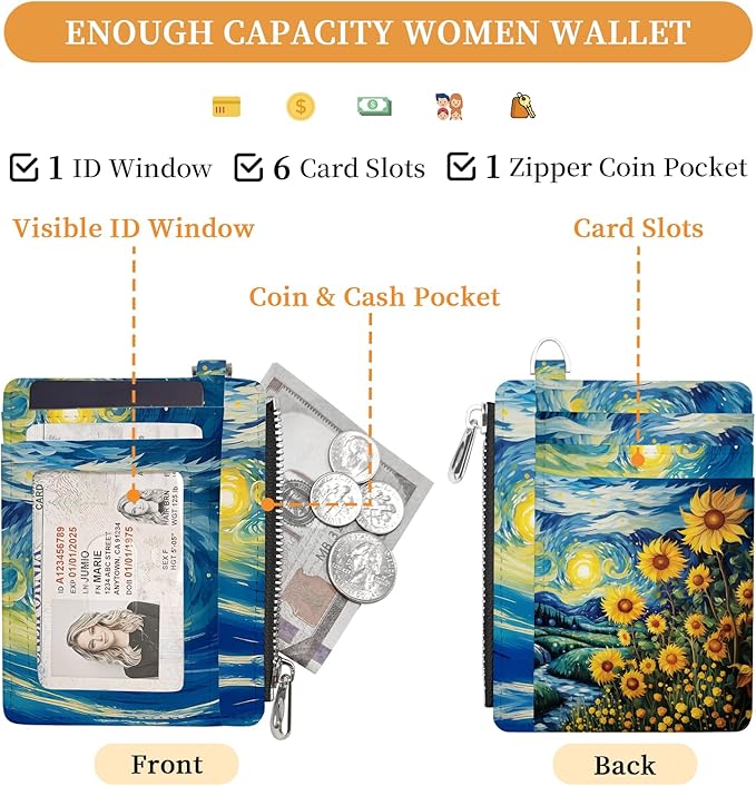 Hancynir Sunflower Starry Night Small Wallet Women Credit Card Holder, Slim RFID Blocking Keychain Card Wallets, Mini Front Pocket PU Leather Thin Travel Zipper Coin Cash Ladies Wallet Organizer Gifts