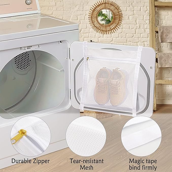 Sneaker Drying Bag, Shoe Dryer Mesh Bags, Sneaker Wash & Dry Net Bag for Dryer, Large HoneyComber Mesh Laundry Bags with Zipper and Strap for Most Dryers Door, 15.7"x13.8" (White & Grey)