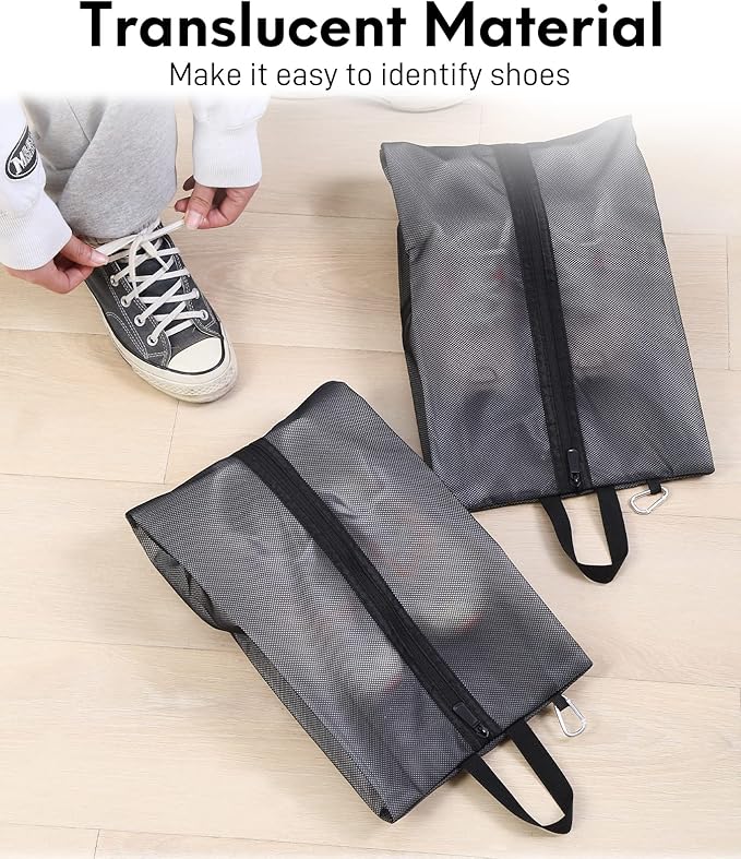 2 Pack Shoe Bags for Travel, Sneaker Bags, Waterproof Travel Shoe Bags with Zipper for Packing, Golf Shoe Dust Bags for Man and Women, Large, Black