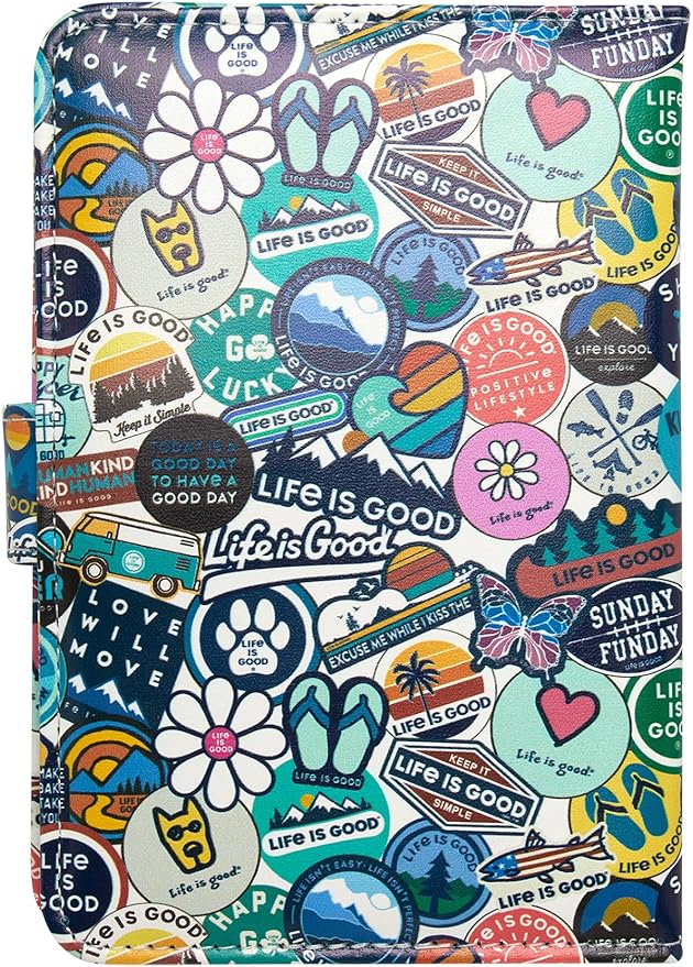 Life is Good Travel Passport Cover - Anti-Theft Passport Holder Wallet with Interior Card Slots, Magnetic Snap Closure, Newsprint