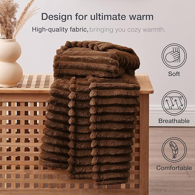 EXQ Home Fleece Throw Blanket for Couch or Bed - 3D Stripe Jacquard Decorative Blankets - Cozy Soft Lightweight Fuzzy Flannel Blanket Suitable for All Seasons(50"×60",Brown)