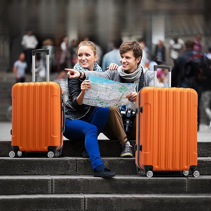 Karl home Luggage Set of 3 Hardside Carry on Suitcase Sets with Spinner Wheels & TSA lock, Portable Lightweight ABS Luggages for Travel, Business - Orange (20/24/28)