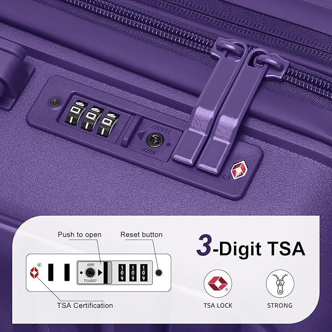 LARVENDER Luggage Sets 3 Piece, Expandable Hardside PP Carry On Luggage Suitcase with 360° Spinner Wheels TSA Lock Suitcase Set for Women Men, Grape Purple