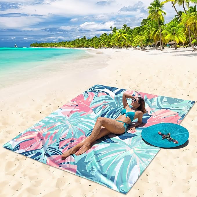 Beach Blanket Waterproof Sandproof Beach Mat for 1-8 Adults Quick Drying Durable Outdoor Picnic Mat for Beach Festival Travel Camping Hiking (Flamingoes-Palm, 79"×83"(4 Person))