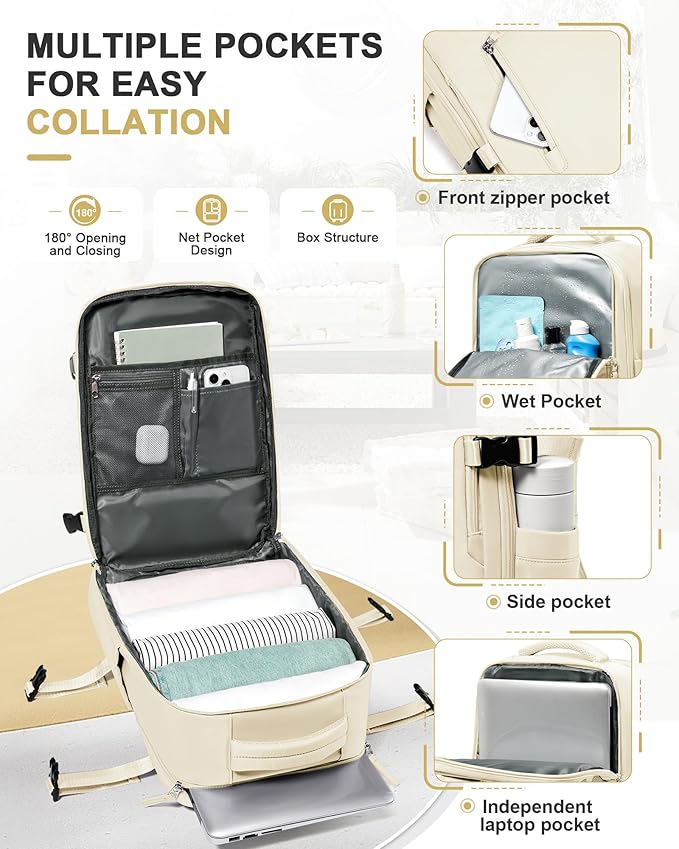 VGCUB Travel Backpack for Women Men for Spirit Airlines Personal Item Bag 18x14x8 Inches Laptop College Waterproof Carry on Flight Approved Work Backpack Mochila de Viaje,Beige