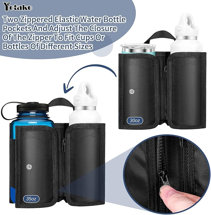 Yotako Suitcase Cup Holder, Portable Luggage Cup Holder for Suitcases, Foldable Travel Cup Holder with Handle and Hold Two Coffee Mugs&3 Zippered Pockets for Beverages Airport Travel Accessories