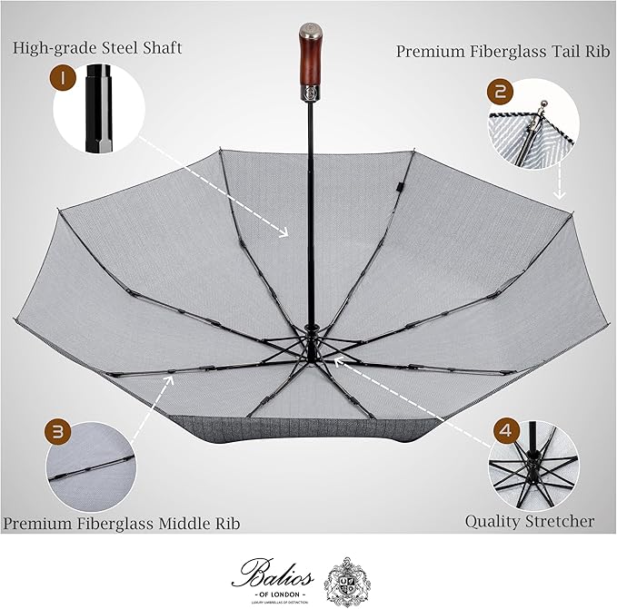 Balios (Designed in UK) Travel Umbrella Luxurious Golden Hardwood Handle Auto Open & Close Windproof Frame Single Canopy Automatic Folding Umbrella Men's & Ladies