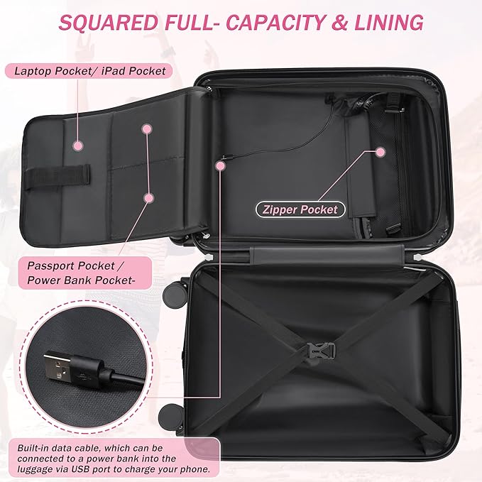 Merax Luggage Sets,5 Piece Front Half-open Hardshell Expandable Suitcase Set with Spinner Wheels and Duffel Bags,Lightweight Carry on Luggage with USB Port,20/24/28IN,Pink-1