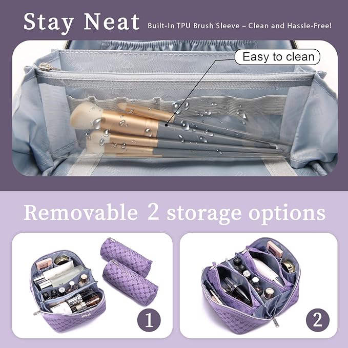 BOYATU Travel Makeup Bag Cosmetic Bags for Women: 3 Pcs Set Large Capacity Make up Bag with Handle - Vegan Leather Toiletry Bags with Compartments - Makeup Organizer for Travel Essentials(A-9-Purple)