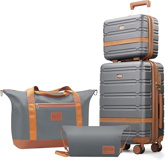 Luggage Sets with spinner wheels, PC+ABS Hard Shell Travel Luggage,Lightweight Carry-on suitcases with TSA Lock,YKK Zippers (Gray, 4 Piece Sets(14/20/DB/TB))