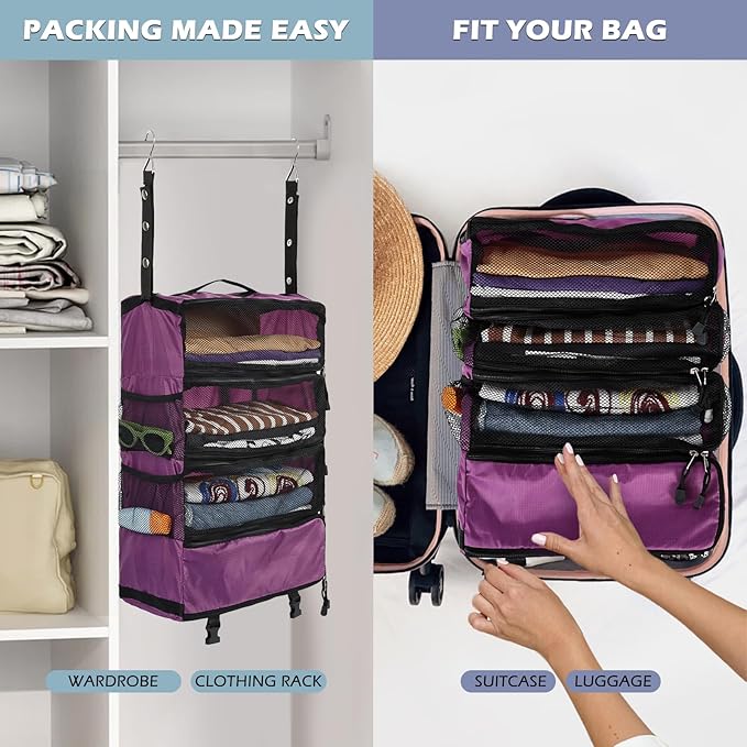 Surblue Travel Hanging Luggage Organizer Portable Suitcase Closet Organizer Multiple Compartments Collapsible Compression Packing Cubes Shelf, Purple, M