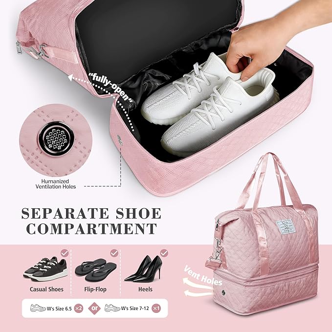 Geestock Travel Duffel Bag, Weekender Bags for Women, Carry on Overnight Bag with Shoe Compartment & Trolley Sleeve, Personal Item Travel Bags with Storage Pouch for Travel, Yoga, Gym, Hospital, Pink