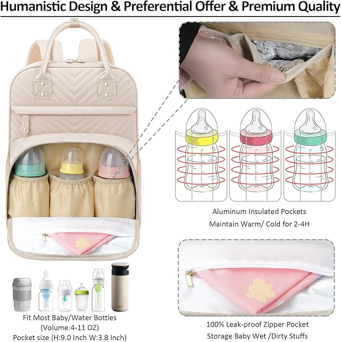 Tenot Diaper Bag Backpack Tote for Women Large Capacity, Baby Bag with Insulated Pockets Multifunctional Diaper Bags For Baby Girl Boy Waterproof Baby Bags For Boys Girls Maternity Bag Beige