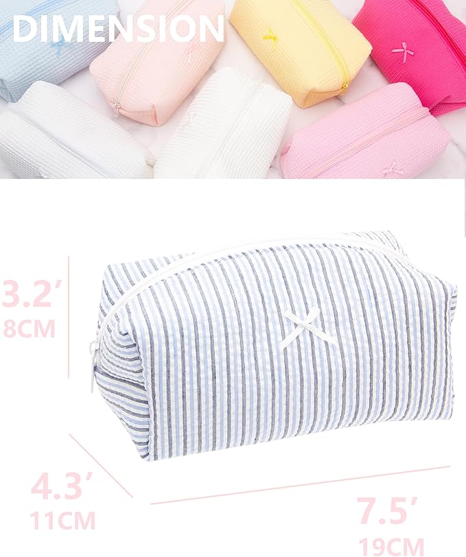 PAZIMIIK 2PCS Cozy Makeup Bag Small Aesthetic Travel Zipper Cosmetic Pouch for Women Make Up Beauty Accessories Brushes, Stripe Blue Mix