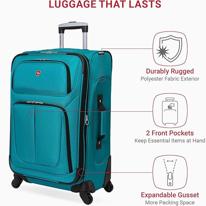 SWISSGEAR Sion Softside Expandable Spinner Luggage Durable Lightweight Travel Suitcase, Teal, Checked-Medium 25-Inch