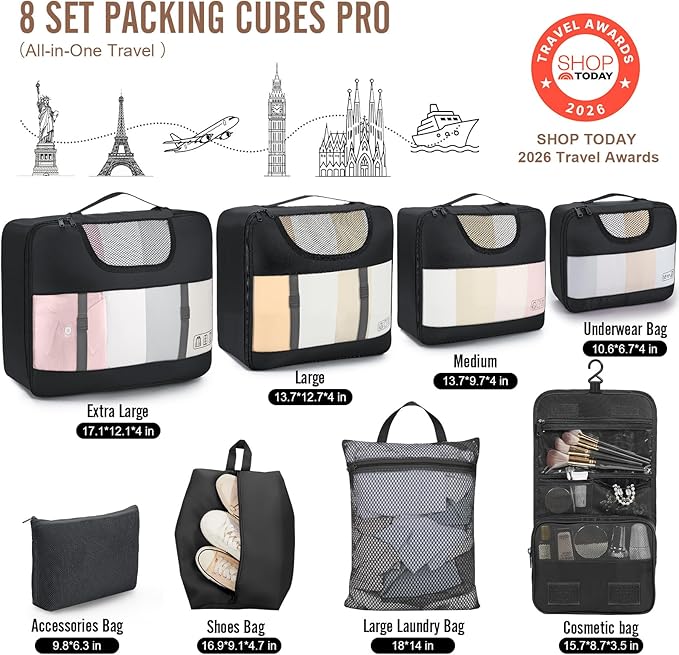 Veken 10 Set/8 Set Packing Cubes for Travel Essentials, Suitcase Organizer Bags in 4 Sizes, Carry-On Luggage Accessories with Laundry & Toiletry Bag, Airplane Must-Have, Road Trip & Camp Gifts for Men