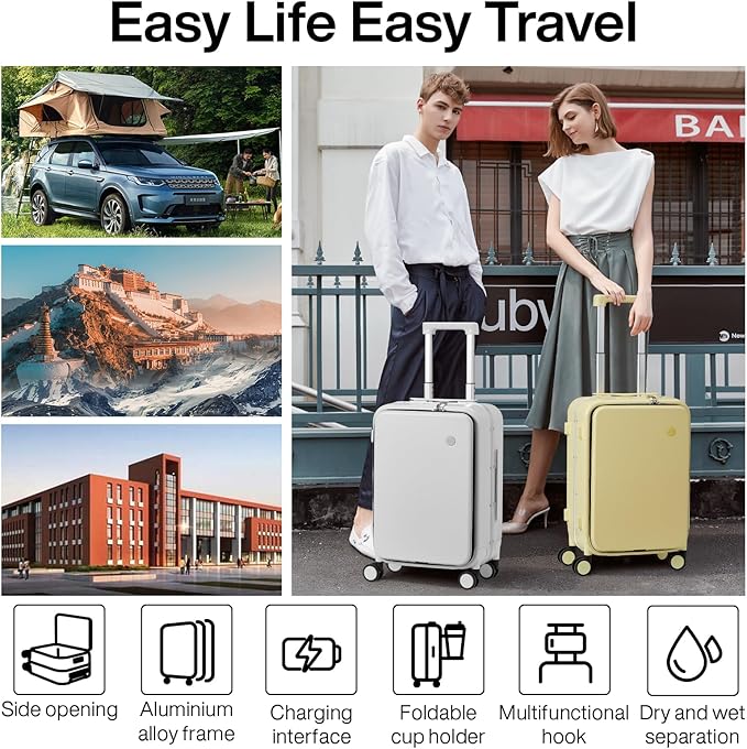 mixi Checked Luggage with Cup Phone Holder and Charger Hard Shell Suitcases with Spinner Wheels, 24 Inch Lark Yellow