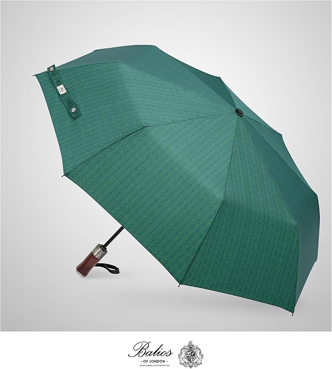 Balios (Designed in UK) Travel Umbrella Luxurious Golden Hardwood Handle Auto Open & Close Windproof Frame Single Canopy Automatic Folding Umbrella Men's & Ladies