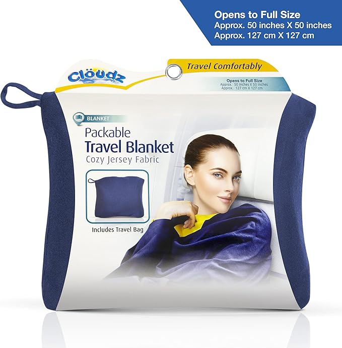 Cloudz Super Soft Jersey Airplane Travel Blanket for Your Flight, Car, Camping, Home or Comforting Warmth Anywhere! Large in Size at 50"x 50" and Includes a Bag! - Blue