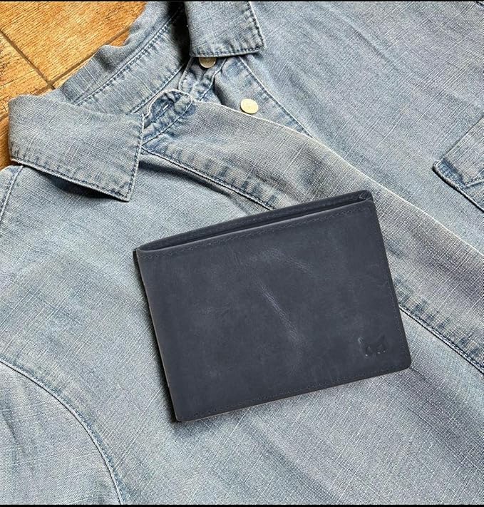 Real Leather Mens Bifold Wallet RFID Blocking Slim Minimalist Front Pocket - Thin & Stylish with ID Window in Gift Box (Crazy Horse, Navy)
