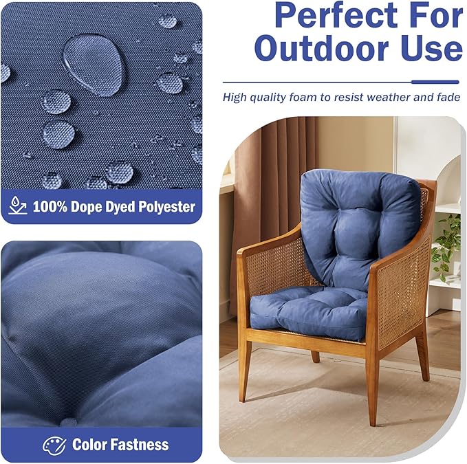 Outdoor Chair Cushions Set of 2, Patio Chair Cushions with Ties, 19x19+5” Tufted Outdoor Seat Cushions, Waterproof Patio Furniture Cushions, Outdoor Dining Chair Pads, Navy