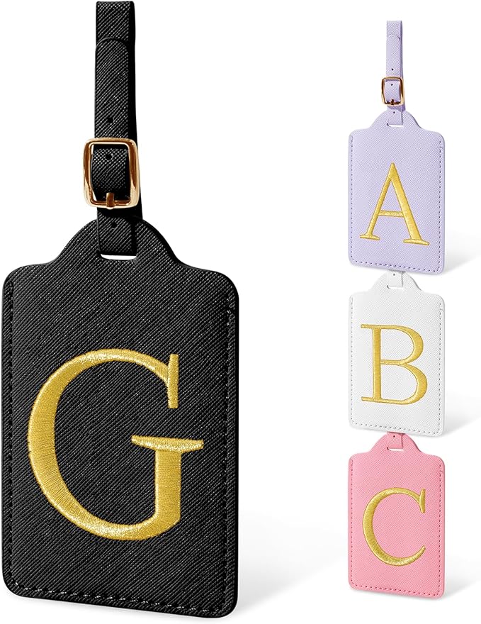 Initial Luggage Tags for Suitcases, Cute Embroidered Letter Luggage Bag Suitcase Identifier Name Baggage Tag, PU Leather Travel Luggage Tags, Bag Tags for Men Women Kids Luggage Handbags(Black G)