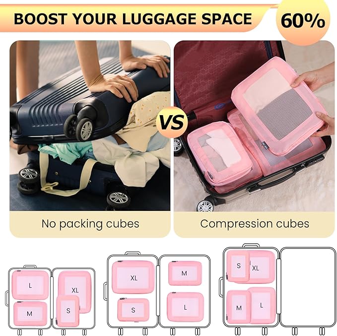 4 Set Ultralight Compression Packing Cubes Travel for Suitcases ，Compressible Mesh Packing Cubes for Travel Women Packing Organizers (Pink)