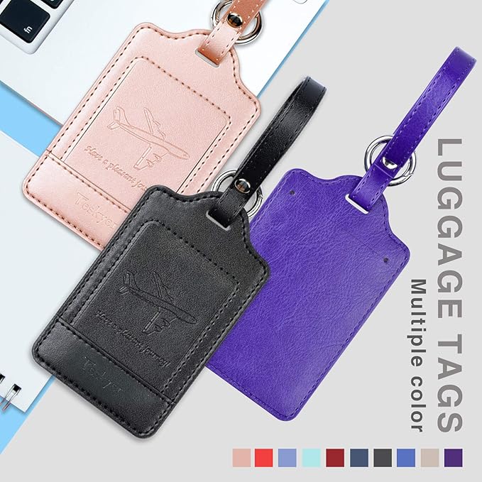 Teskyer Luggage Tags, 3 Pack Premium PU Leather Luggage Tags Privacy Protection Travel Bag Labels Suitcase Tags