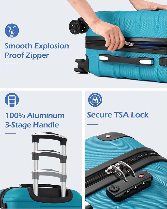 Coolife Hardside Checked Luggage with TSA Lock, Spinner Wheels, Telescopic Handle, Lightweight Suitcase (Grey, M(24in))