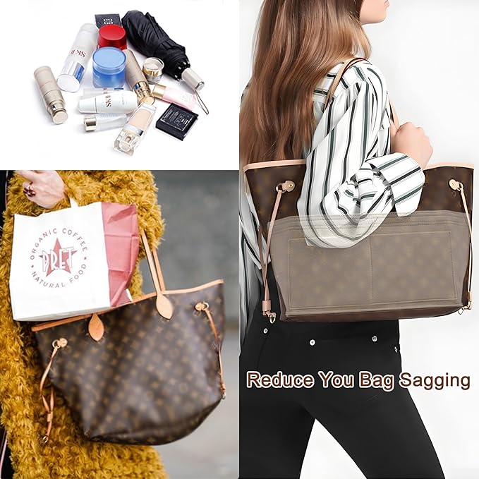 Doxo Purse Organizer Insert for Handbags & Base Shaper 2pc Set, Felt Organizer Insert Large Tote, Bag Organizer with Zipper 5 Sizes, Fit Speedy 30 Neverfull MM and More(Beige-L-Combination)