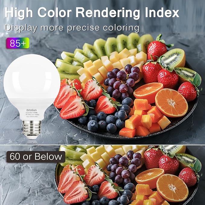 Brtstiun G25 LED Light Bulbs, Round Vanity Light Bulbs for Bathroom, 40W Equivalent, Soft White 2700K, E26 Base, 600LM, Non-Dimmable, 4-Pack